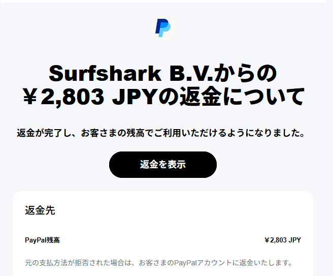 PayPalからの返金完了メール。Surfshark B.V.から2,803円が返金された